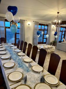 CărpinişAgropensiunea Floare de Tei的一张长桌,上面有蓝色和白色的板子和气球