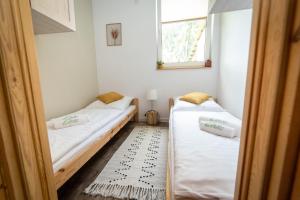 GliśnoACTIVFARM DOMKI NA KASZUBACH Domek Dorotka的小型客房 - 带2张床和窗户