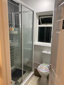 WykenCalm residential house的一间带卫生间和玻璃淋浴间的浴室