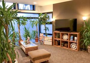 沼田HOTEL LiVEMAX BUDGET Gunma Numata的客厅配有盆栽植物和平面电视