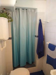 拉帕洛马Mar的带淋浴帘和卫生间的浴室