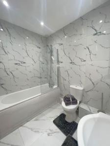 弗特威克Flitwick Luxury 3 Bedroom Apartment的浴室配有卫生间、浴缸和水槽。