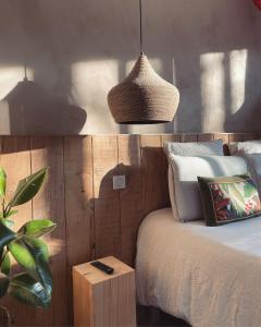 埃皮纳勒Madame Imagine, Lodges & SPA Epinal的一间卧室配有一张床和盆栽植物