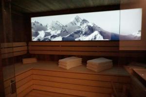 弗拉绍ALPIUM - Luxusappartements的电视屏幕上放着雪覆盖的群山