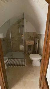 阿尔贝罗贝洛Trulli Antichi Mestieri - Widespread Trulli in the historic center的一间带卫生间和玻璃淋浴间的浴室