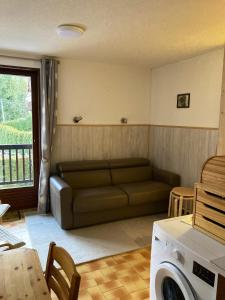 莱索尔Appartement de 2 chambres avec balcon amenage a Les Orres a 2 km des pistes的带沙发和洗衣机的客厅