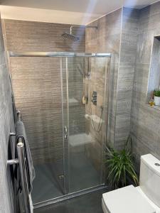 普里茅斯Southway Double Room near Derriford的浴室里设有玻璃门淋浴