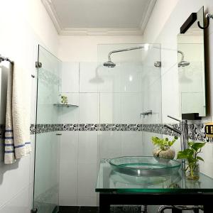 卡塔赫纳CASA PALMA CARTAGENA的一间带玻璃水槽和淋浴的浴室