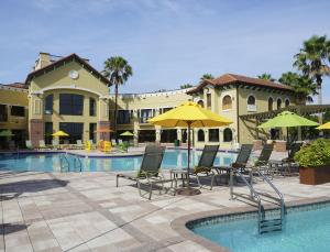 奥兰多The Berkley, Orlando的一座带椅子和遮阳伞的游泳池位于一座建筑旁边