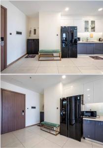胡志明市The Landmark Vinhomes-Service Apartment的厨房配有黑白橱柜和长凳