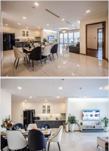 胡志明市The Landmark Vinhomes-Service Apartment的厨房以及带桌椅的起居室。