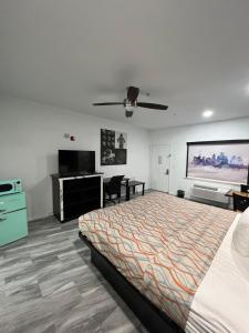 休斯顿Grand Villa Inn Galleria的一间卧室配有一张床、一张书桌和一台电视。