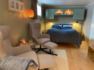 桑讷菲尤尔Leilighet sentralt til Sandefjord og Torp flyplass的一间卧室配有一张床、两把椅子和一张桌子