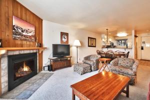 帕克城SNOW FLOWER 115 condo的客厅设有壁炉和电视。