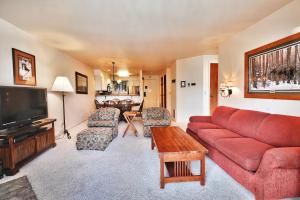 帕克城SNOW FLOWER 115 condo的客厅配有红色沙发和电视