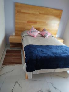 Tlalixtac de CabreraCasa las Galias.的一张带蓝色棉被和两个粉红色枕头的床