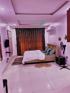 阿布贾Entire Serviced Two bedroom duplex Abuja - 24hr WIFI, POWER, OFFICE, FULL KITCHEN的一间紫色照明客房内的一张床卧室