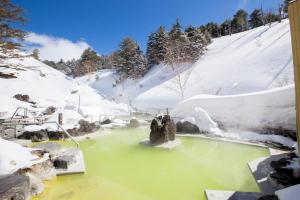 嬬恋村万座高原酒店 的雪中的一个温泉,有雪覆盖的群山