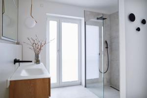 达默Dahmeloft的带淋浴和水槽的浴室以及玻璃门。