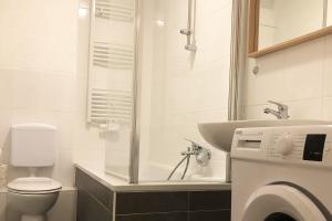 奥伯豪森cozy Apartments with WiFi的浴室配有卫生间、盥洗盆和洗衣机。