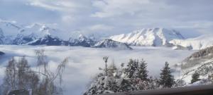 拉普德兹Studio montagnard vue splendide ALPE D HUEZ LES PASSEAUX的白雪 ⁇ 的山脉美景