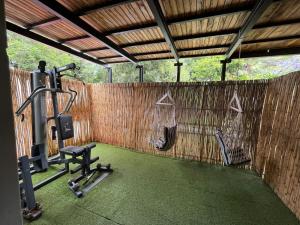 约翰内斯堡Panorama Guest House的健身房,设有一面带跑步机和举重器材的墙壁