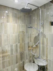 泰恩St Duthus Villa Guesthouse的带淋浴、卫生间和盥洗盆的浴室