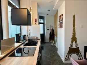 巴黎Logement GUÉNOT pour 5 personnes sur Paris 11的厨房配有带水槽和塔的台面