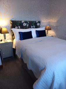 约克Middlethorpe Apartment的卧室配有带蓝色枕头的大型白色床