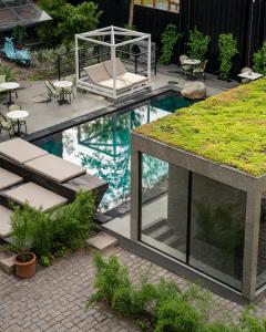 哥本哈根Bryggen Guldsmeden的后院,带草屋顶的游泳池