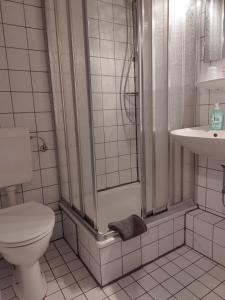安德纳赫Schmökermühle的带淋浴、卫生间和盥洗盆的浴室