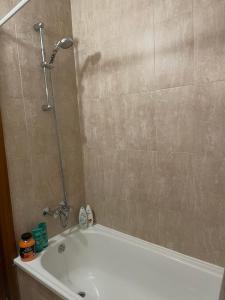拉兹洛格Kate's apartment in Pirin的带淋浴和白色浴缸的浴室