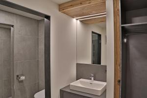 弗拉绍Sieglhub Chalets - Appartements - Hotel的浴室配有白色水槽和淋浴。