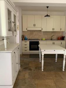 新福卡Villa Delfino的厨房配有白色橱柜和白色桌子
