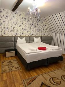 CiurilaPension Domeniul Regilor的一间卧室配有一张带红色毯子的大床