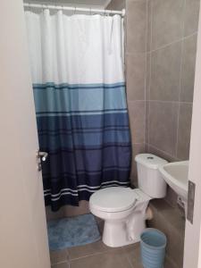 阿里卡Departamento Amoblado en Arica的一间带卫生间和淋浴帘的浴室