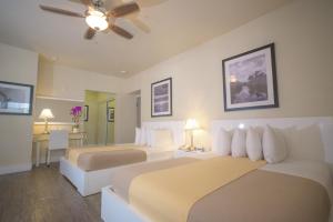 迈阿密海滩海洋五号酒店的酒店客房配有两张床和吊扇。