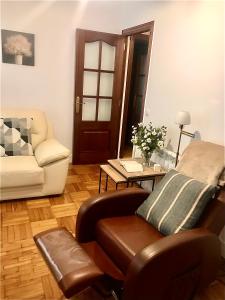 拉科鲁尼亚Piso Cuatro Caminos的客厅配有真皮沙发和椅子