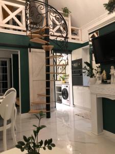 克罗奇琴科Domek w Pieninach Apartament Pałacowy Liliana的厨房拥有绿色和白色的墙壁,设有螺旋楼梯