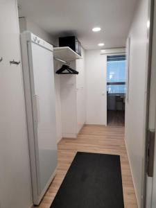 列维Levinlaita的客房设有带冰箱和黑色地毯的厨房。