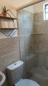 帕尔梅拉斯Casa Quaresmeira的一间带卫生间和玻璃淋浴间的浴室
