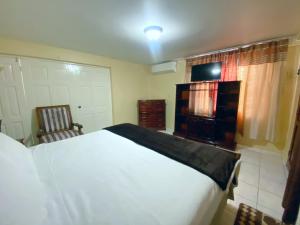 金斯敦Russell Heights Vacation Home的卧室配有白色的床和椅子