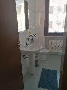 CastellaroCasa Laghetto的一间带水槽和卫生间的浴室以及窗户。