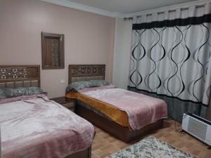 开罗compound city towers elwaha的一间卧室设有两张床和窗户。