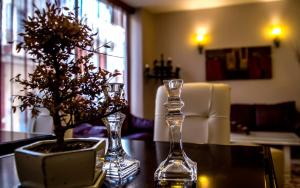 普雷韦扎Hotel MINOS的一张桌子,上面有两瓶玻璃花瓶和一株植物