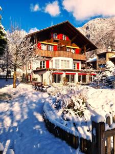 因特拉肯Adventure Guesthouse Interlaken的雪中带栅栏的房子