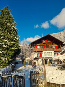 因特拉肯Adventure Guesthouse Interlaken的雪中带围栏的木屋