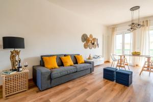 阿夸维瓦德莱丰蒂Luciano's : Abitare nel confort e nella luminosità的客厅配有蓝色的沙发和黄色的枕头。