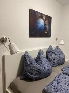 施科伊迪茨Regenbogengasse的卧室配有2个蓝色枕头