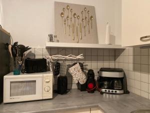 施科伊迪茨Regenbogengasse的厨房柜台配有白色微波炉和台面